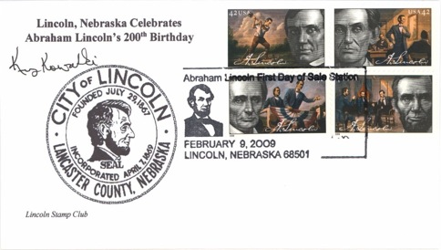 A cacheted cover celebrating the first day of sale of the Lincoln Bicentennial stamps.