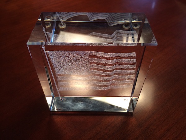 Lincoln Stamp Club, LINPEX 2014 Most Popular Exhibit Award, U.S. Flag etched in glass.