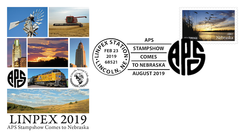 The LINPEX 2019 cover highlights the variety of Nebraska's landmarks and the arrival of the APS Stampshow in August.